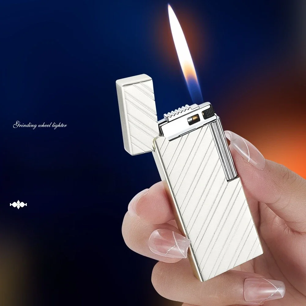 Metal Thin Alloy Material Lighter Adopts Deep Carving Technology Electroplated Grinding Wheel Open Flame Lighter Men's Gifts