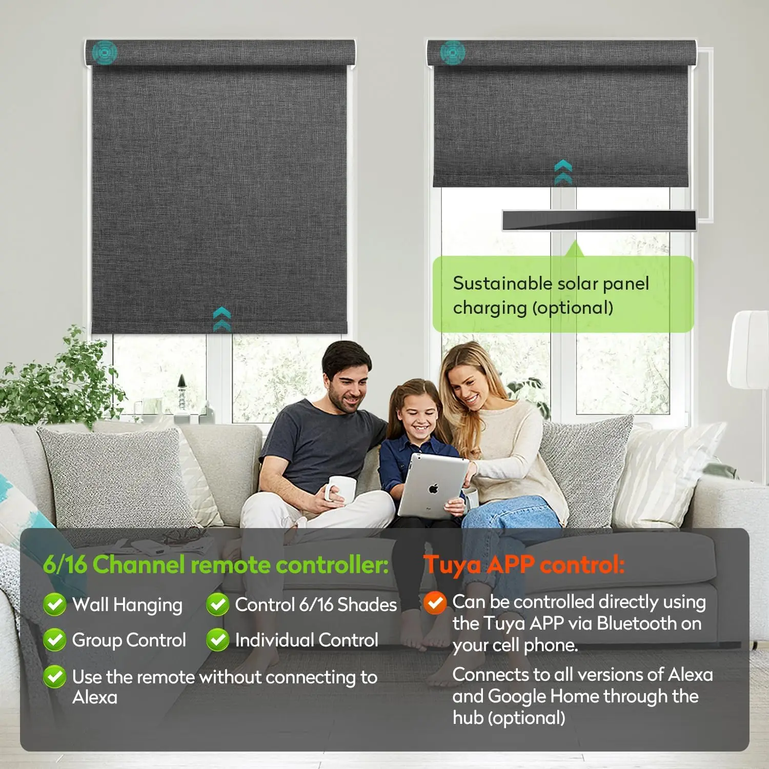 Custom Made Sunroad Smart Blackout Roller Blinds - Tuya/Alexa/Google Compatible, Rechargeable Motor, Custom Sizes