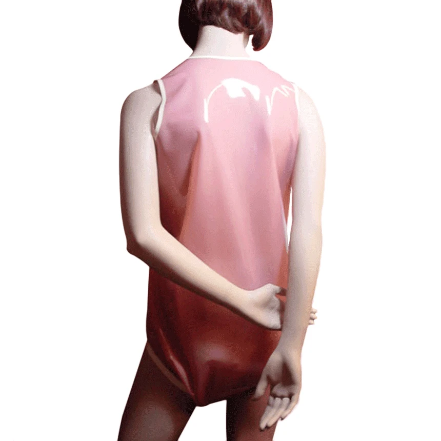 Transparent Pink And White Sexy Latex Bodysuits Diaper With Shoulder Buttons Rubber Catsuits Sleeveless LTY-0350