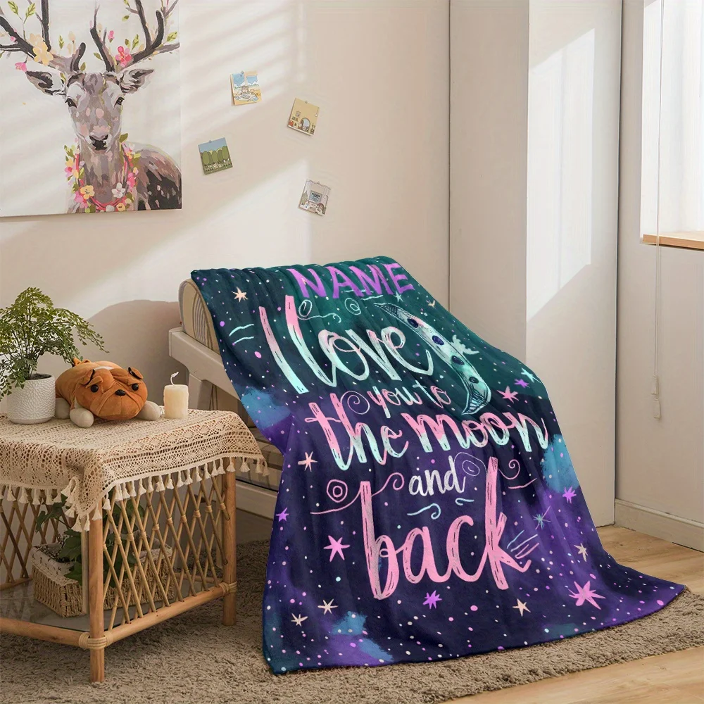 Custom name moon-themed flannel blanket, soft, suitable for sofa, bed, birthdays, children, friends, gifts