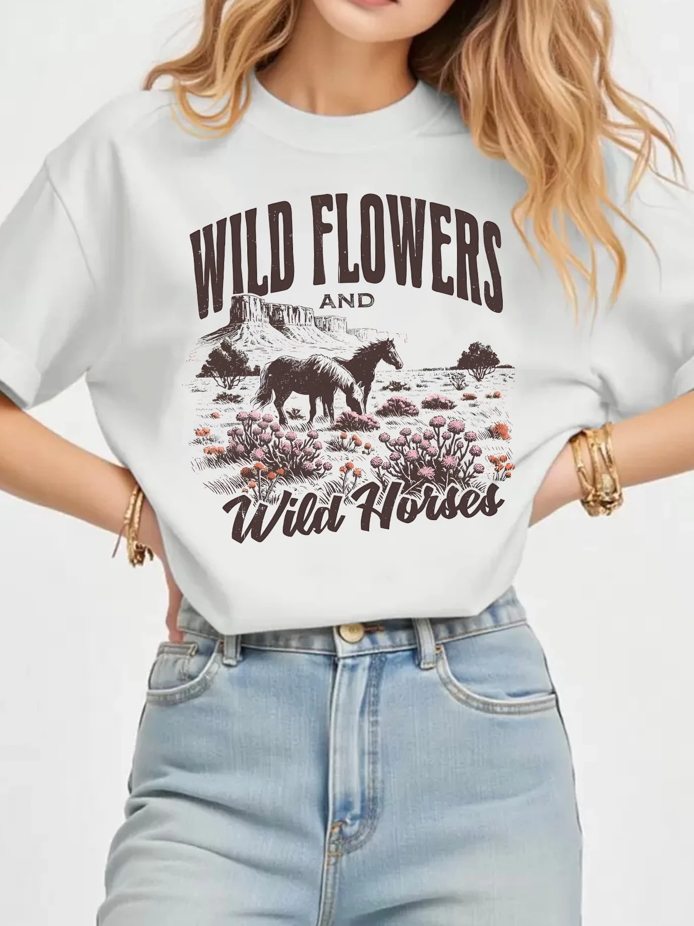 

WILD FLOWERS letter pattern round neck plus size women T-shirt short sleeve trend printing elastic half sleeve T-shirt