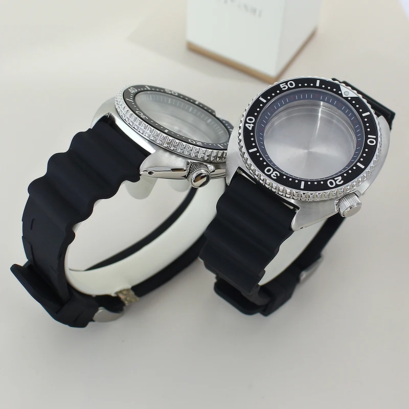 45mm Steel Dive Watch Case Rubber Bracelet For Turtle Abalone Seiko NH35 NH34 NH36 NH38 Movement 28.5mm Dial With Chapters Ring