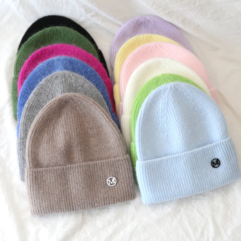 2024 Fluffy  Angora Hat Rabbit Fur Warm Winter hat For Womans  Cashmere Wool Soft  Beanies Blue Knitted Hat Outdoor Ski  Female