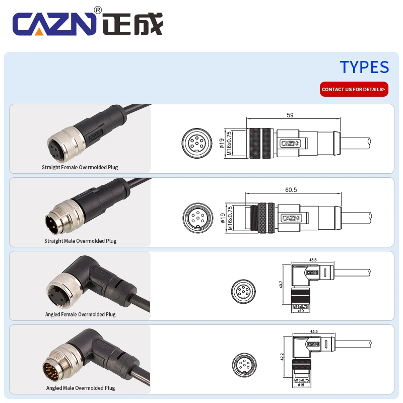 Waterproof IP67 M16 Unshielded Overmolded Plug Male Female Straight&angled With PVC Cable Wire Communication Connector