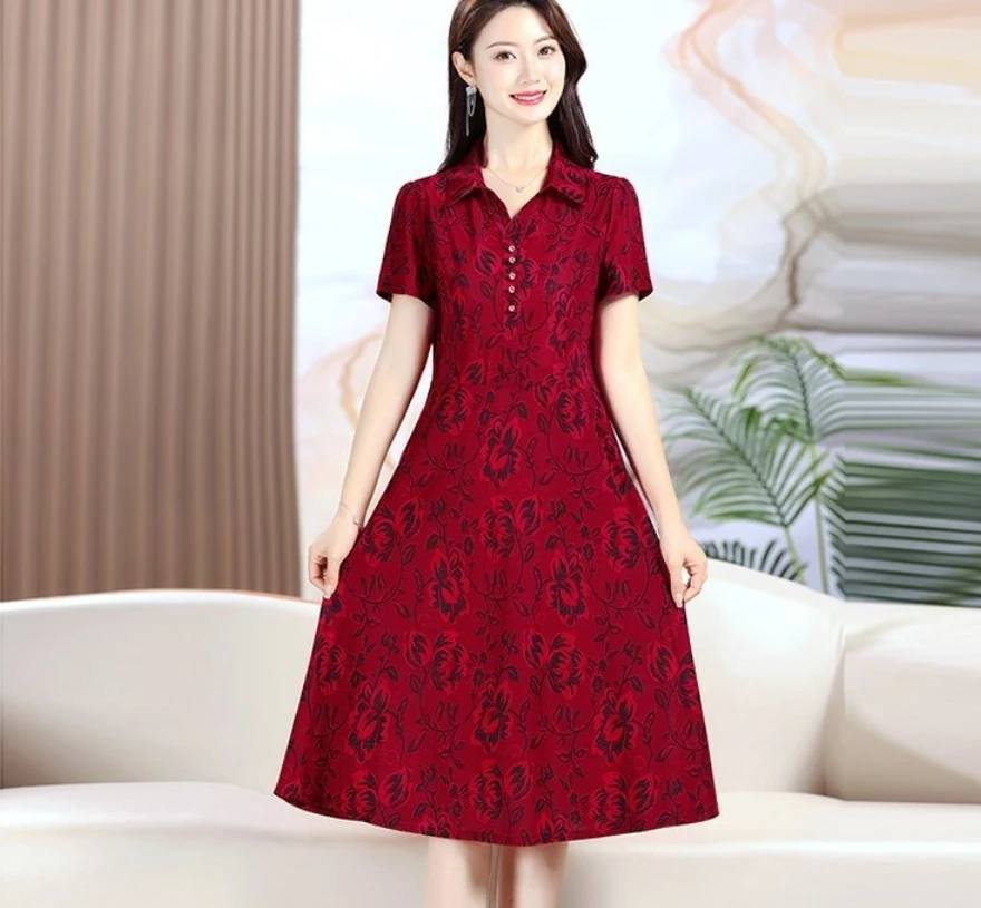 夏の女性の半袖ドレスミディアム丈スタイリッシュな中高年ママ痩身花柄スカート膝上