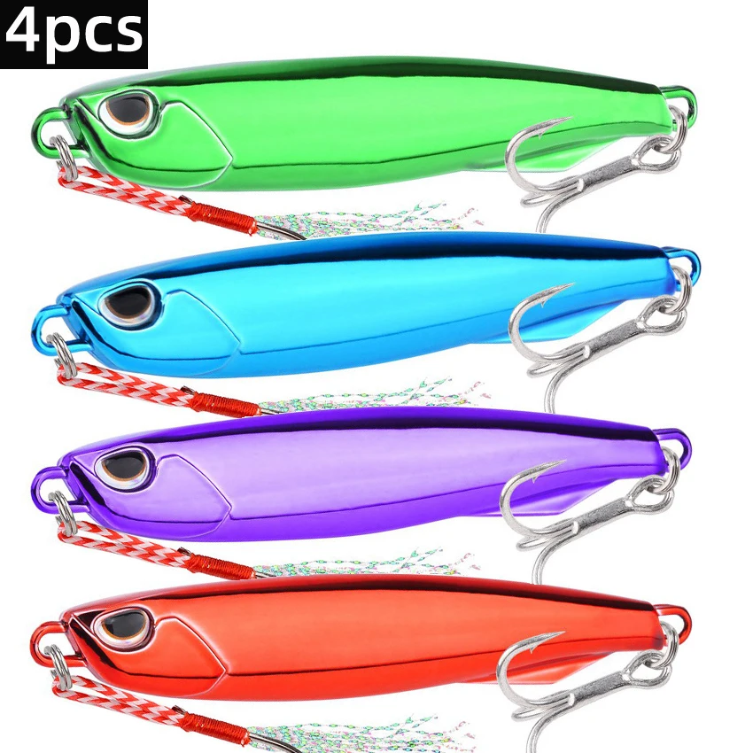 4pcs Electroplated Spoon Metal Jigs Fishing Lures Sinking Bait with Hooks -10g-80g Ideal for Catching Mackerel, Bass and More