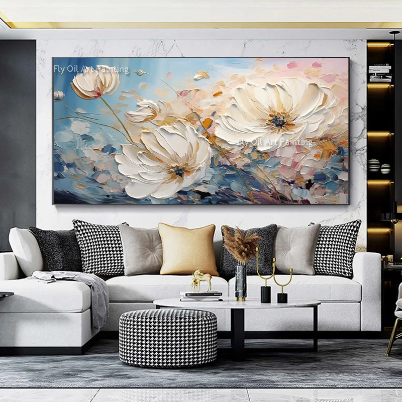 Handmade Abstract Flowers Tree Landscape Knife Thick Canvas Oil Painting Large White Florals Artwork Original Wall Art Decor