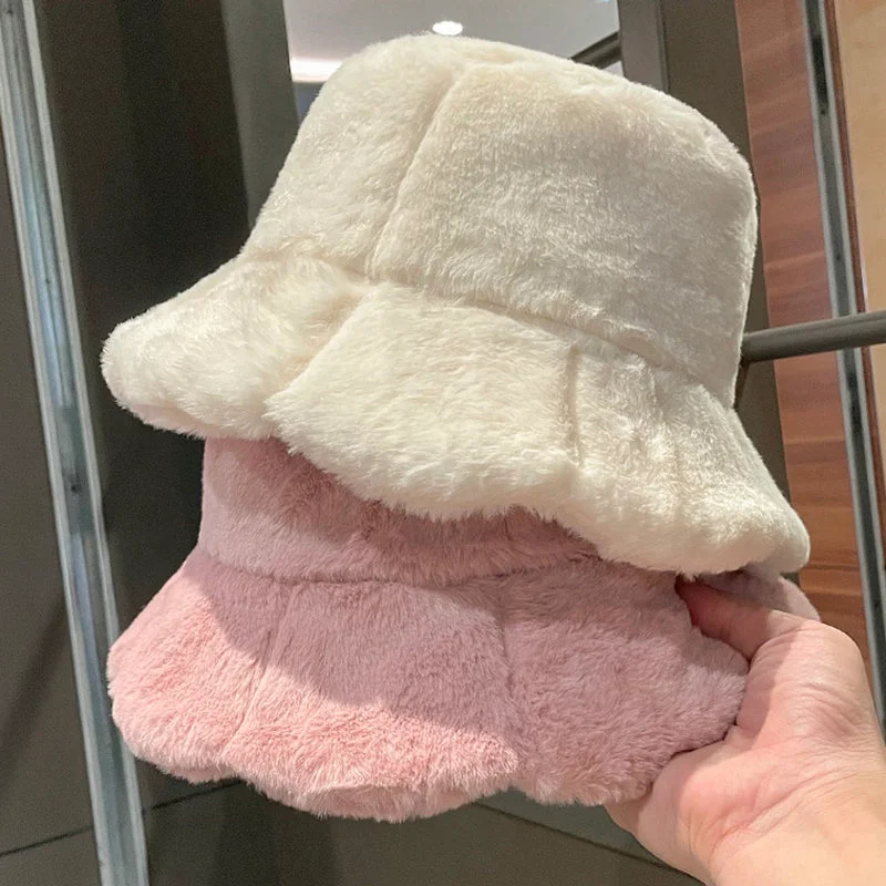 Solid Striped Ruffled Bucket Hat Women Lamb Wool Faux Fur Fisherman Hats Girls Outdoor Winter Warm  Bowl Cap Buckets Sun Caps