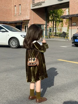 Çocuklar kızlar elbiseler sonbahar koyu yeşil altın kadife prenses elbise