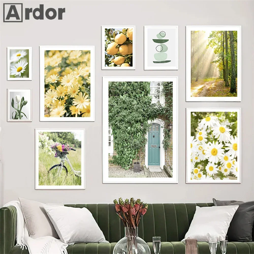 Spring Natural Landscape Posters Bike Lemon Daisy Wall Art Canvas Painting Plants Flower Print Nordic Wall Pictures Home Decor