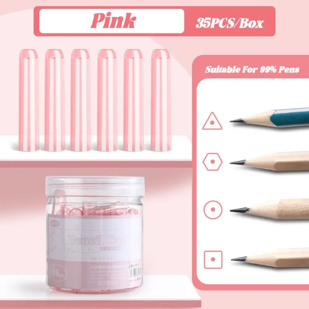 35PCS/Box Cute Plastic Pencil Cap Solid Color Transparent Pencil Extender Pencil Protective Case School Office