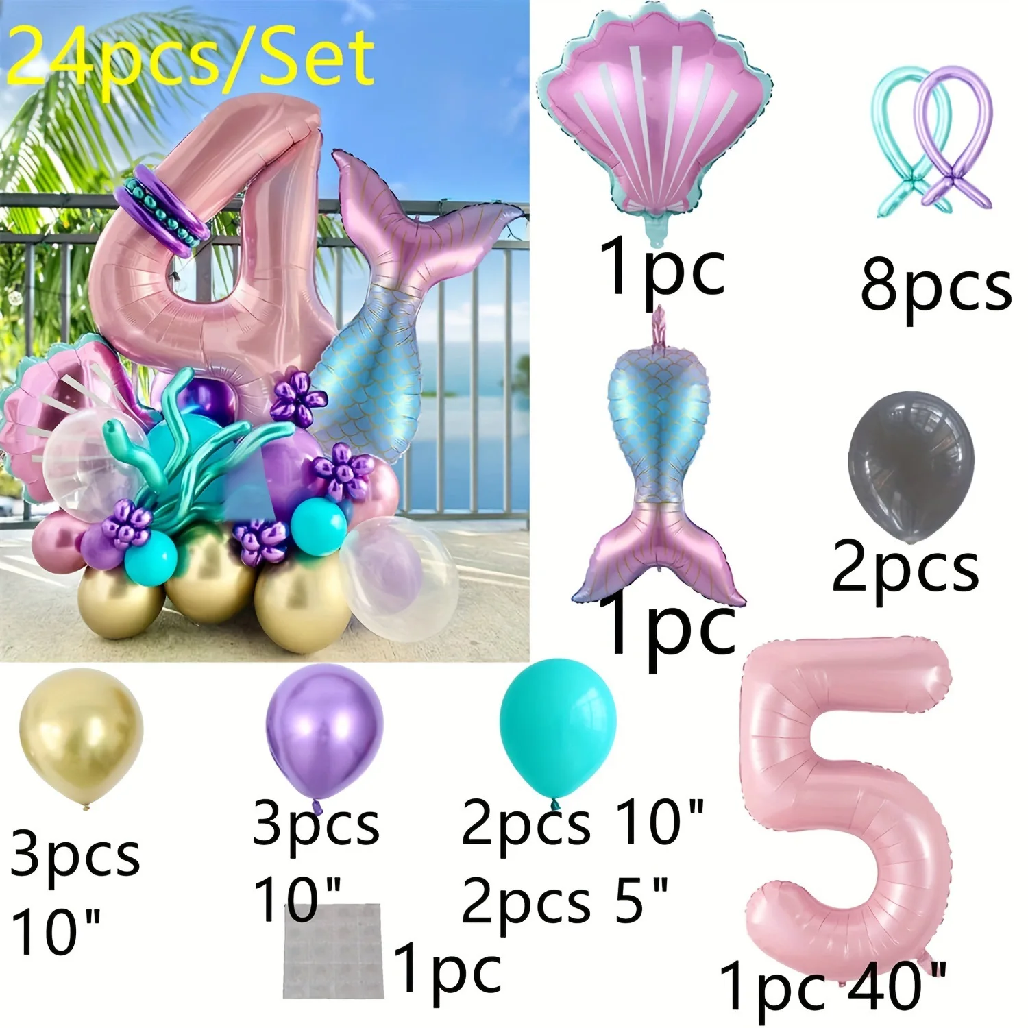 24pcs Mermaid Tail Baby Powder Digital Aluminum Balloon Set Mermaid Theme Birthday Party Wedding Decoration