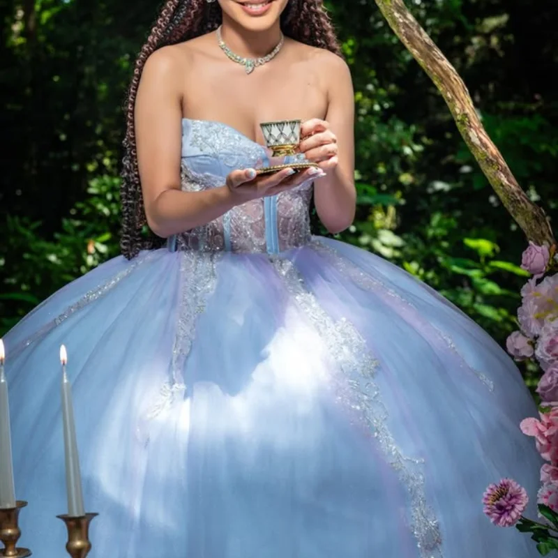 

Customized sky blue Quinceanera Dresses Off the Shoulder glitter decal crystal Tull Long tail Bow Vestido 15 Quinceanera