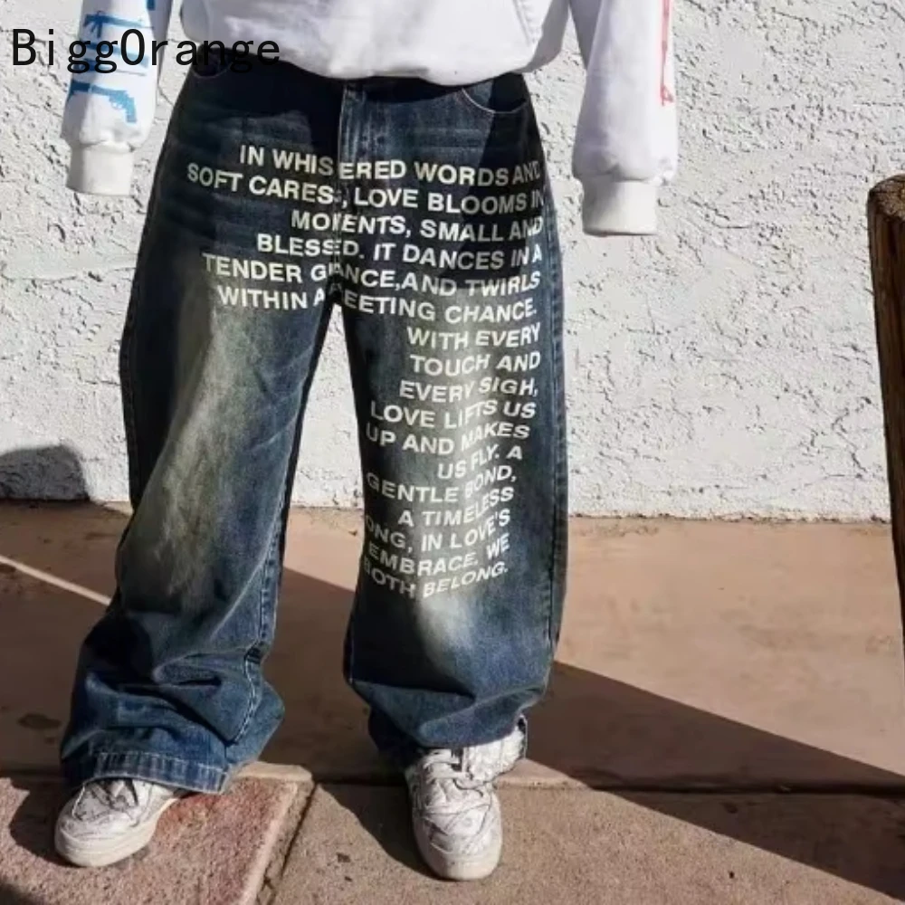 2025 الجينز الموضة الأمريكية إلكتروني الطباعة نمط شارع العليا عادية واسعة الساقين Y2K الرجال الرجعية القوطية العصرية سراويل تقليدية