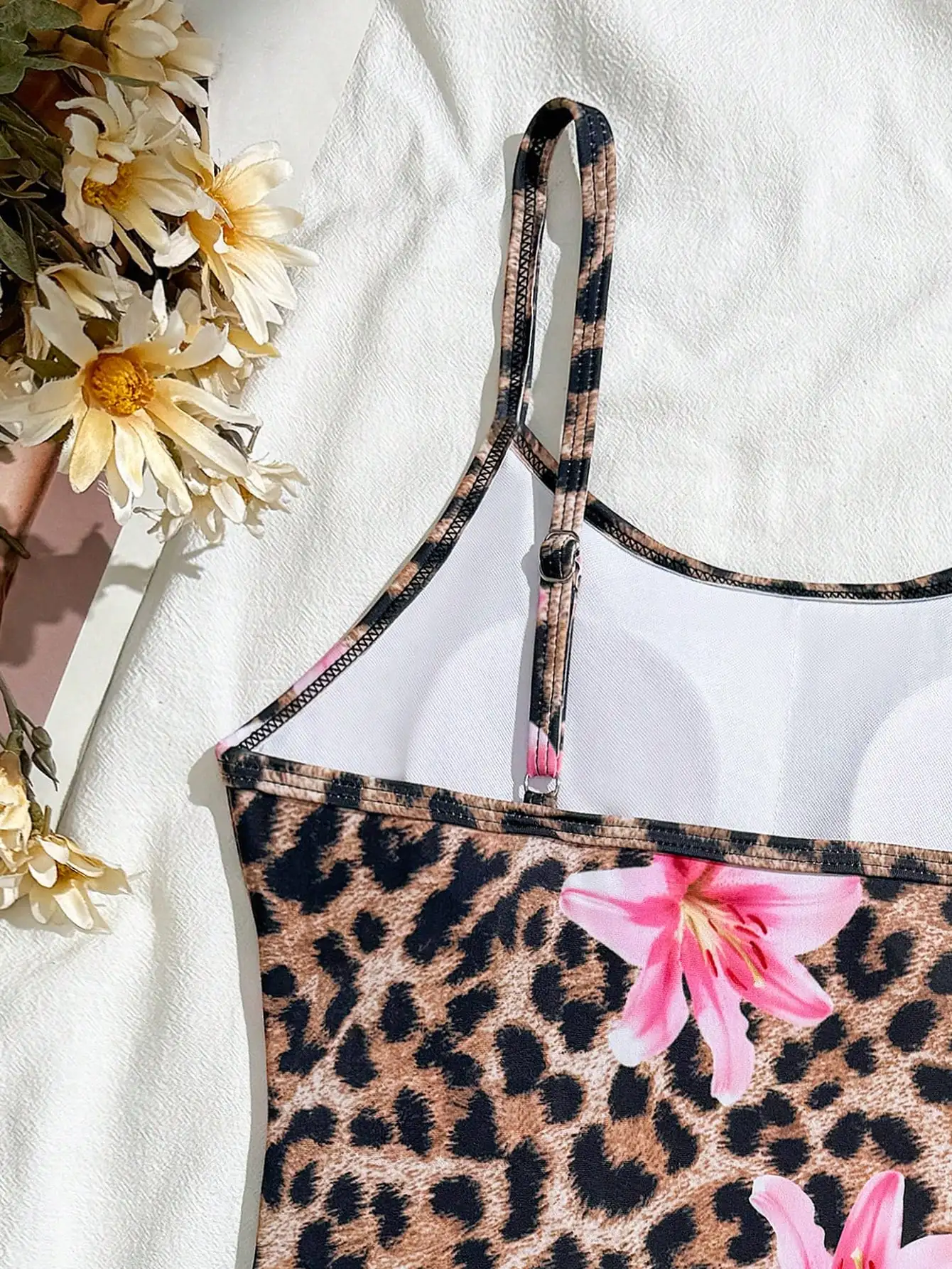 

Leopard And Floral Print Adjustable Strappy One-Piece Swimsuit With Mesh Overlay Skirt Two Piece Set