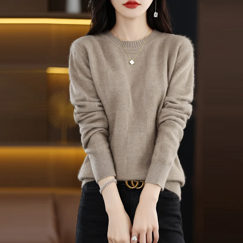 DjzDsm Autumn And Winter 100% Mink Cashmere Women's O-Neck Pullover Knitted Solid Color Fashion Casual Coat Keep Warm Top