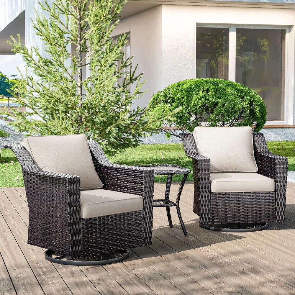 

3 Pieces Wicker Patio Furniture, Luxury Outdoor Rattan Furniture with 2 Patio Swivel Chair,Side Table, Wide Armrest, Thickened C