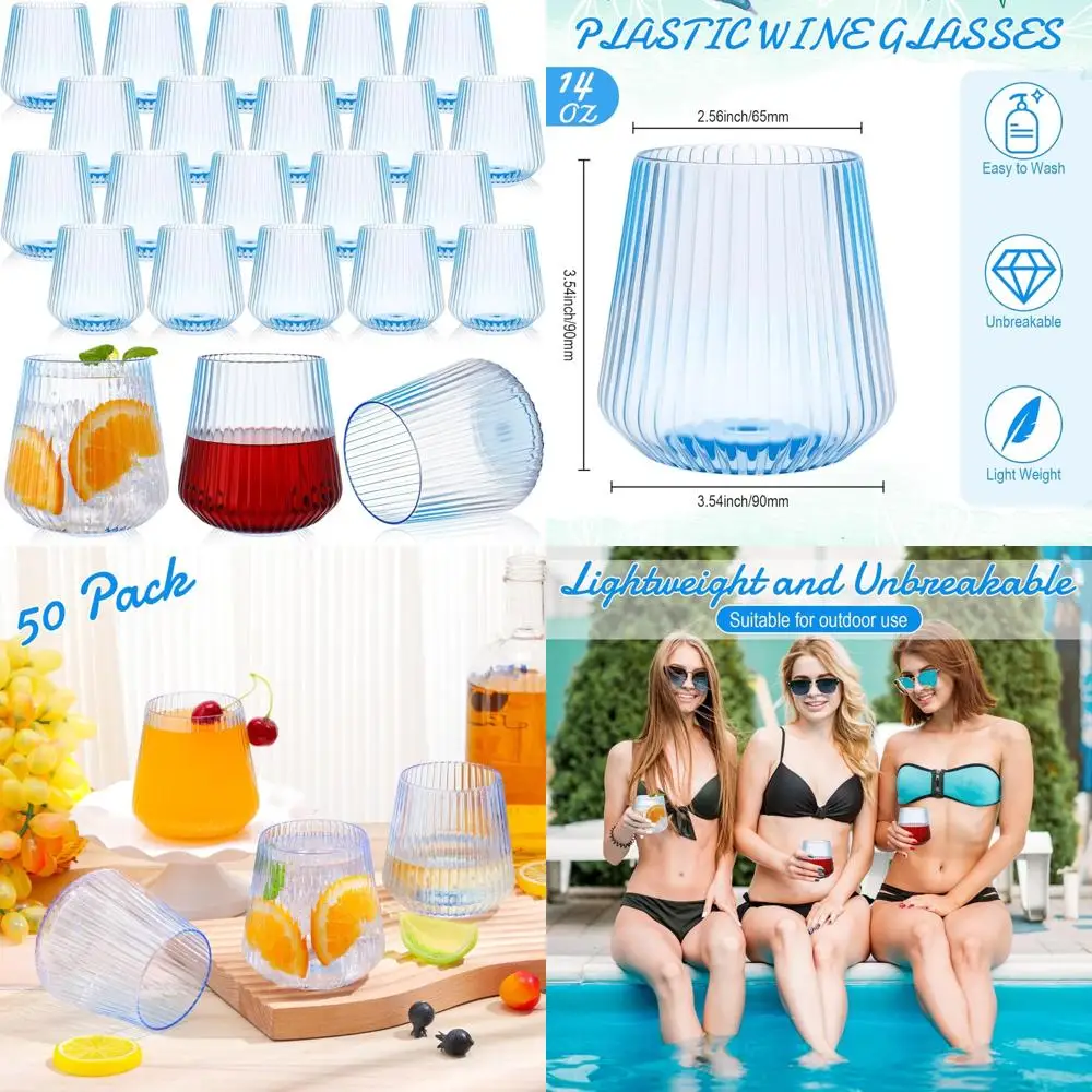 

Plastic Stemless Wine Glasses - 50 Pack, 14oz Ribbed Design, Unbreakable Cups for Outdoor and Indoor Vintage Style Events