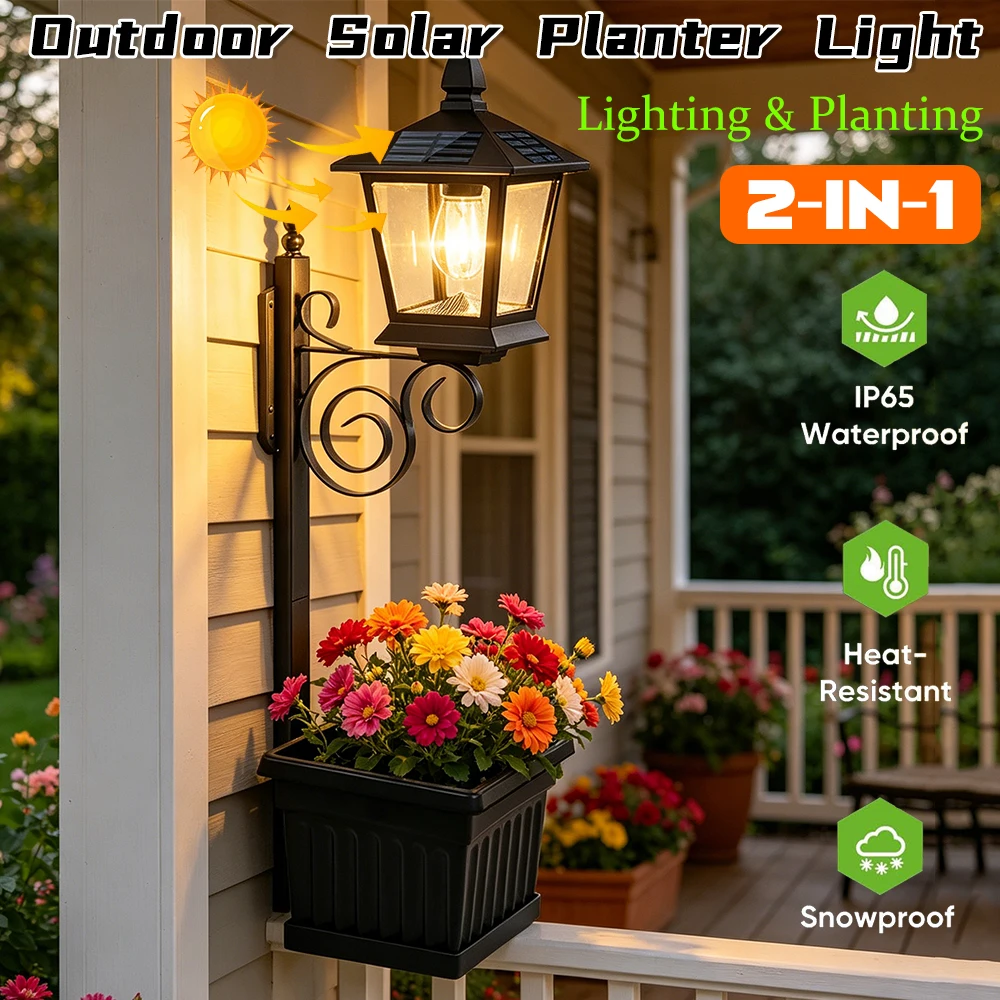 Waterproof IP54 Vintage Solar Porch Light 2-in-1 Solar Planter Lamp Auto On/off Sensor Front Porch Decor (No Flowers Included)