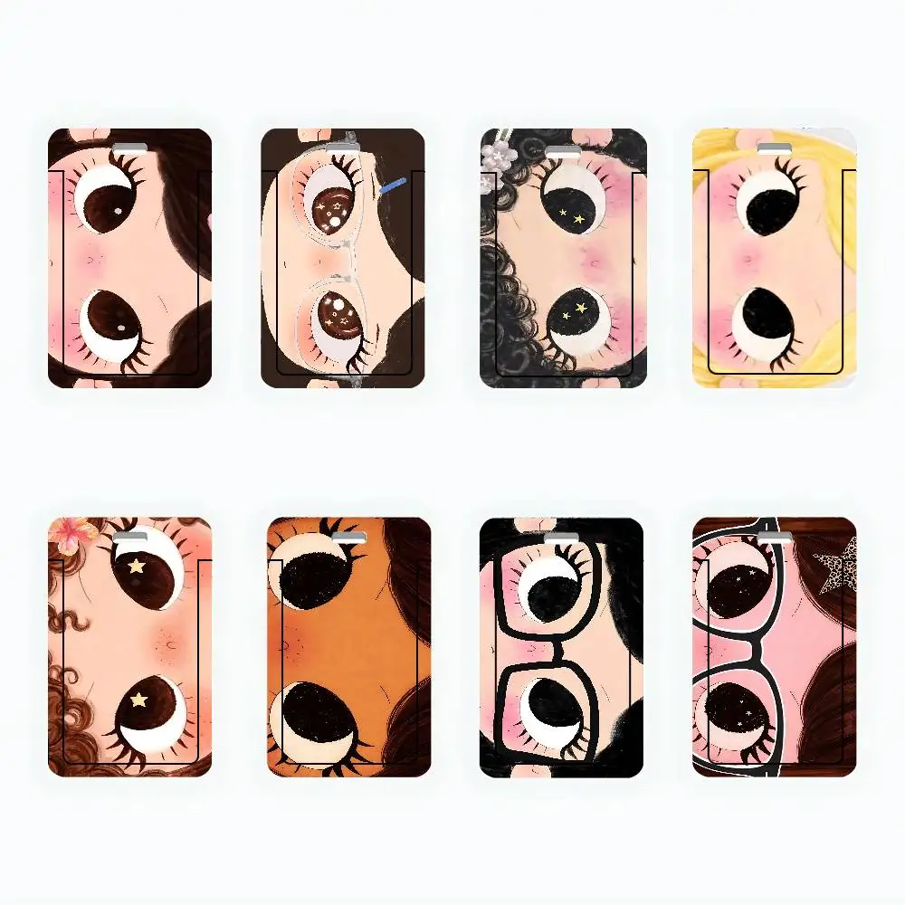 Cartoon Big Eyes Girl ID Card Holder PVC Badge Holder With Lanyard Slot Student Bus Card Cover Office Work Card Case