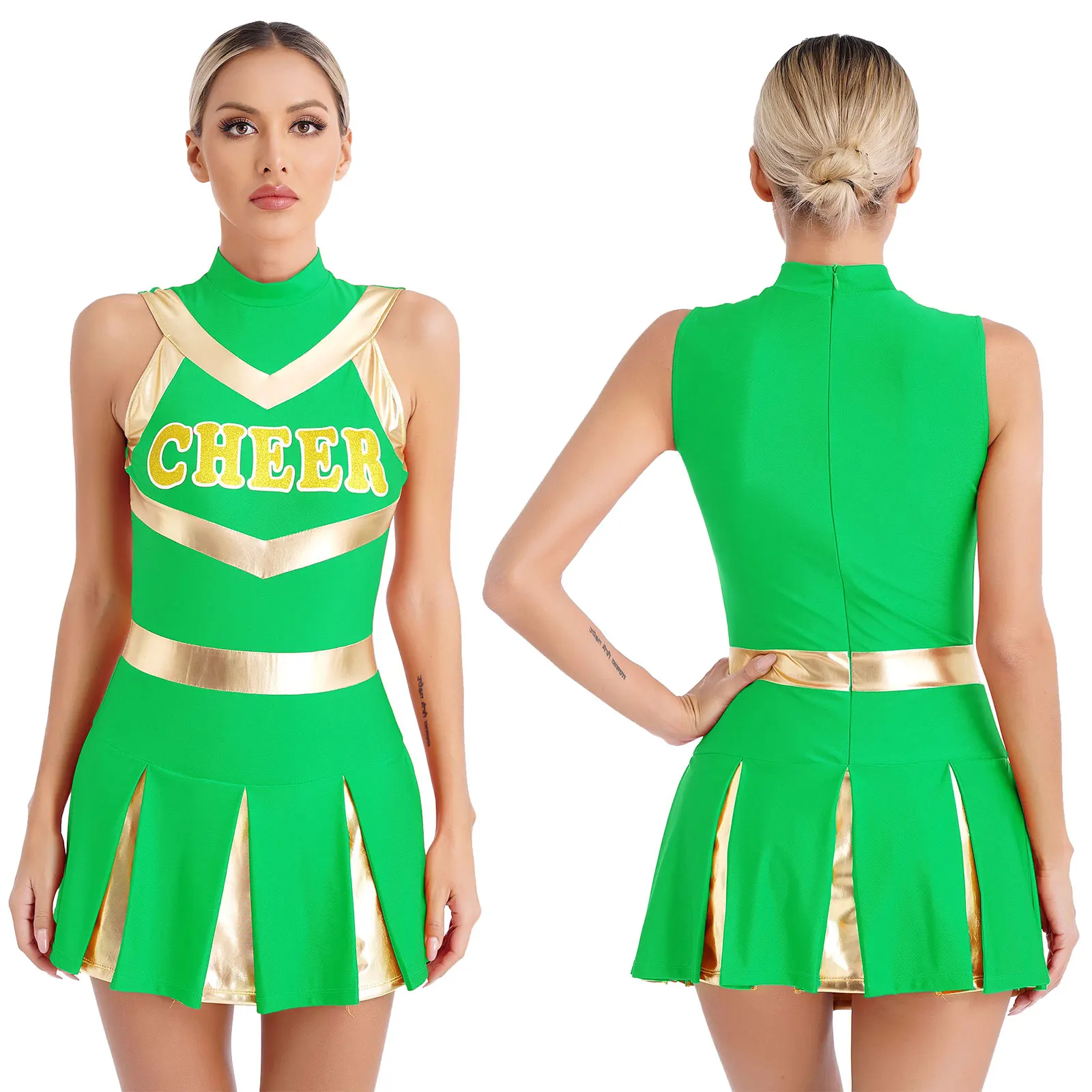 

Womens Cheerleading Dance Costume Shiny Cheerleading Dress Youthful Schoolgirl Cheer Squad Uniform for Halloween Cosplay Party