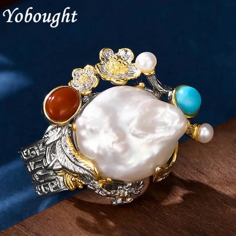 

S925 sterling silver rings for Women New Fashion Baroque freshwater pearl inlay red agate little flowers jewelry free shipping