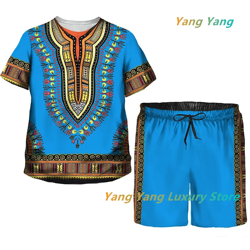 African Print Tracksuit Men/Kids Fashion T-shirts Suit Casual Shorts/Vintage Top Sport And Leisure Summer Clothes Set