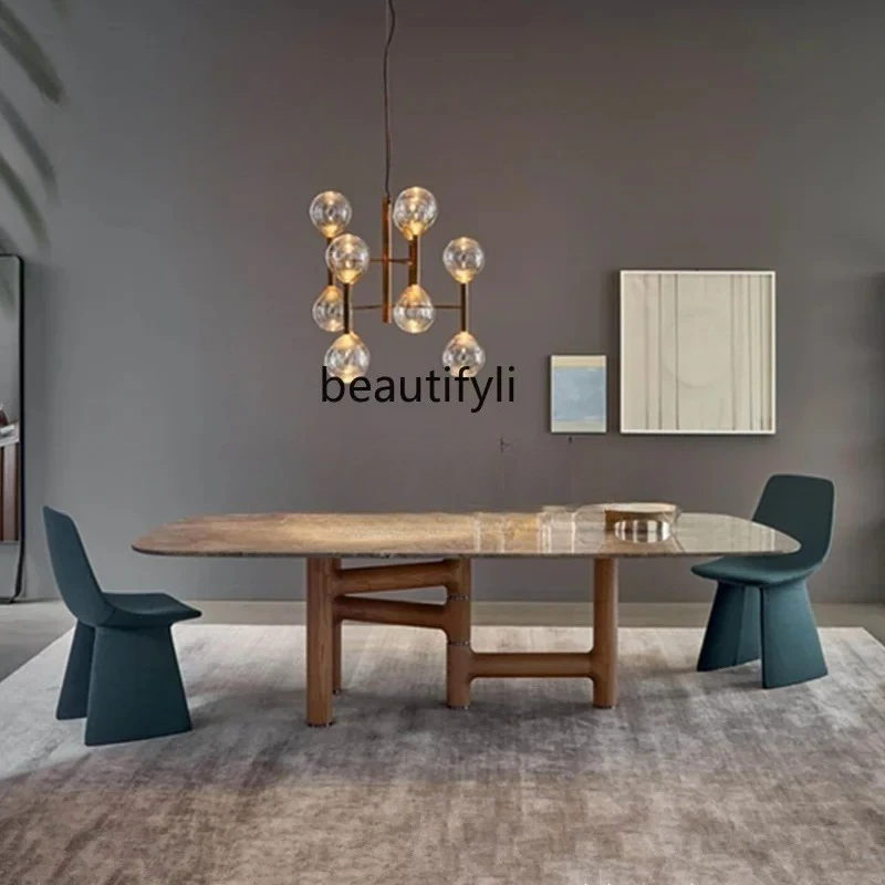 

Italian light luxury designer solid wood dining table modern simple living room glass table high-end villa marble dining table