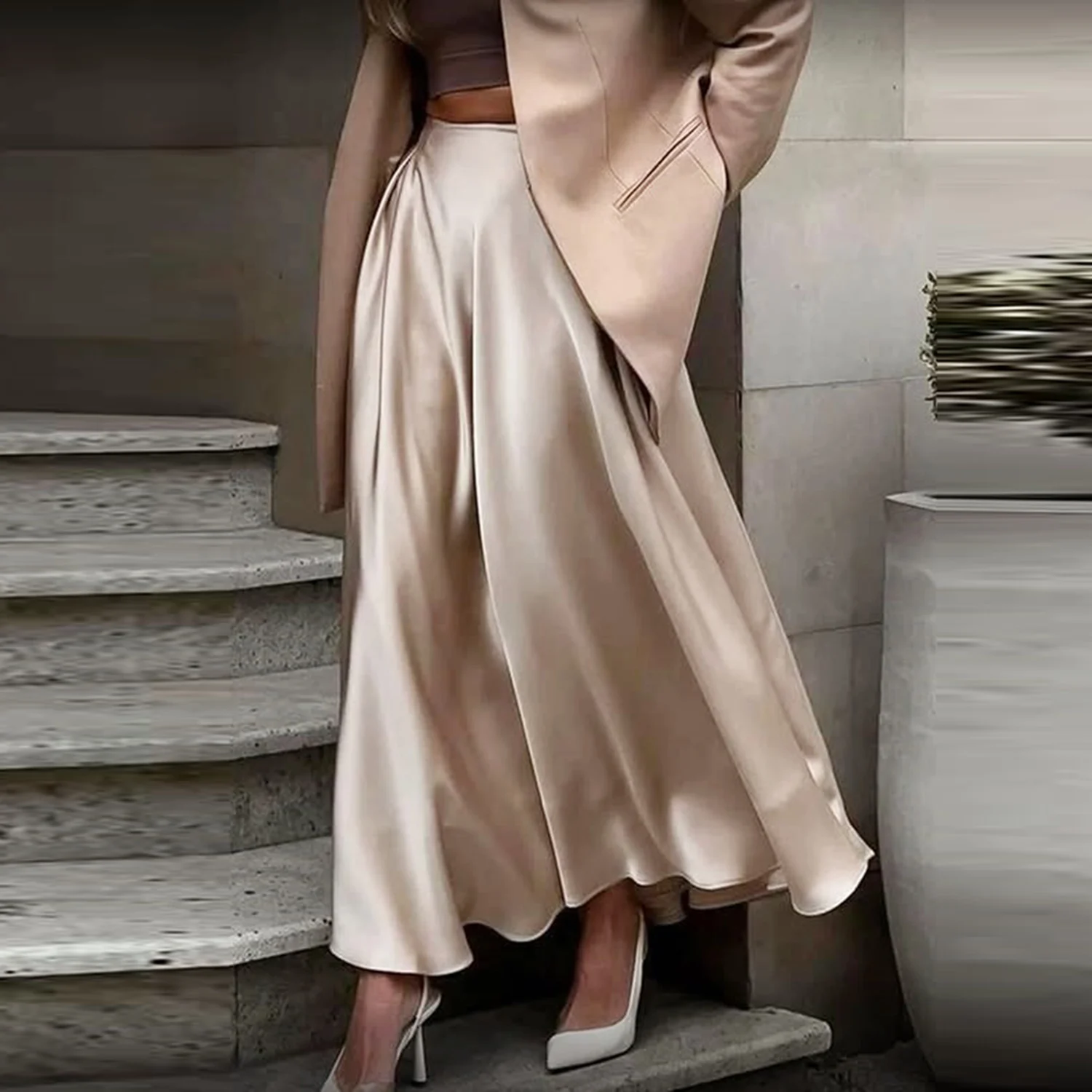 

Элегантные однотонные атласные длинные юбки для женщин, плиссированная юбка с высокой талией, осень 2025, женская юбка А-силуэта, индивидуальный цвет