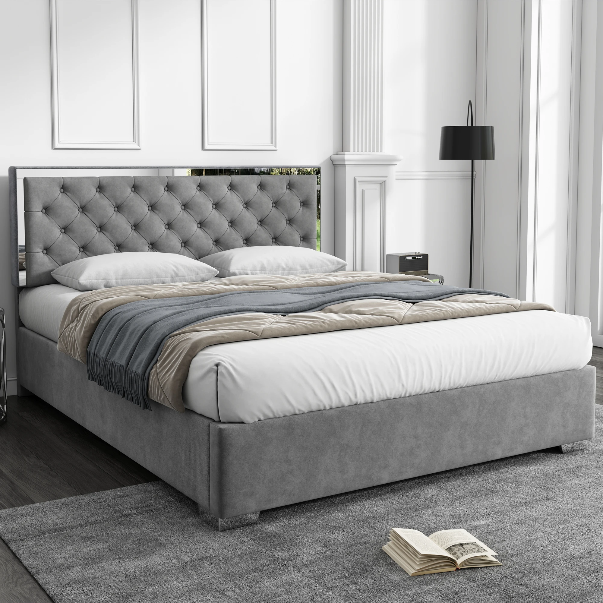 Bed 160x200 cm Butt Top Top Velvet Headboard stainless steel Header Feet Hydraulic bed Storage Wood Rattage Easy Assembly Velvet Grey