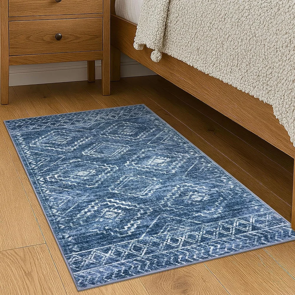 Stonewashed Blue Geometric Entryway Area Rug Washable Non Slip Accent Floor Mat for Bedside Entrance Kitchen Indoor Decor