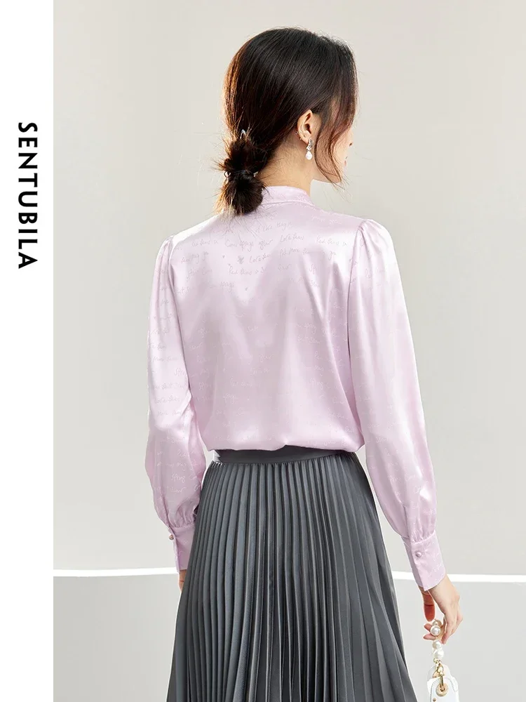 SENTUBILA Purple Glossy Satin Blouses Women 2024 Spring Autumn French V-neck Pullover Long Sleeve Tops Woman Clothing 141V53323