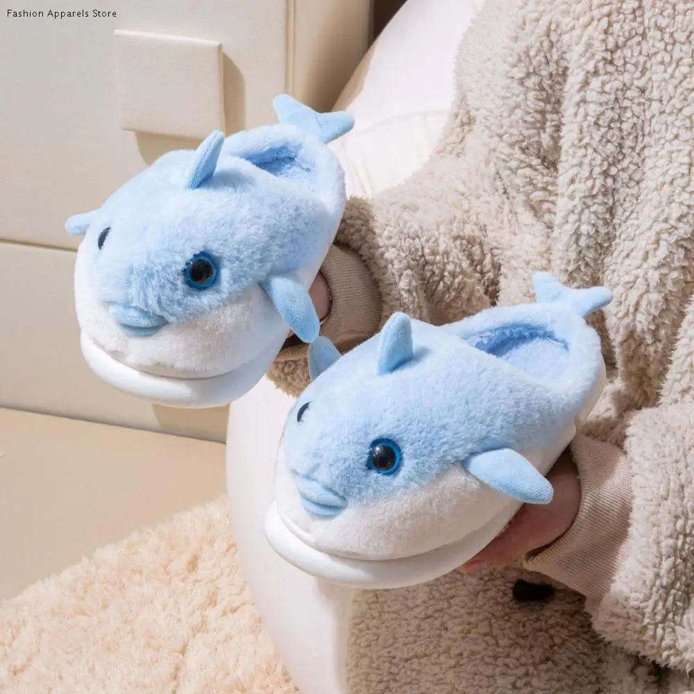 

Плюшевые тапочки с изображением китовой акулы и дельфина, плюшевые шлепанцы, лоферы, зимние пушистые тапочки с животными, зимняя обувь, нескользящие теплые меховые тапочки