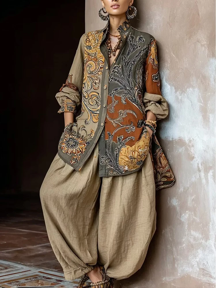 Linen Pant Wide - Spring Linen Fabric Print Blouse Pants