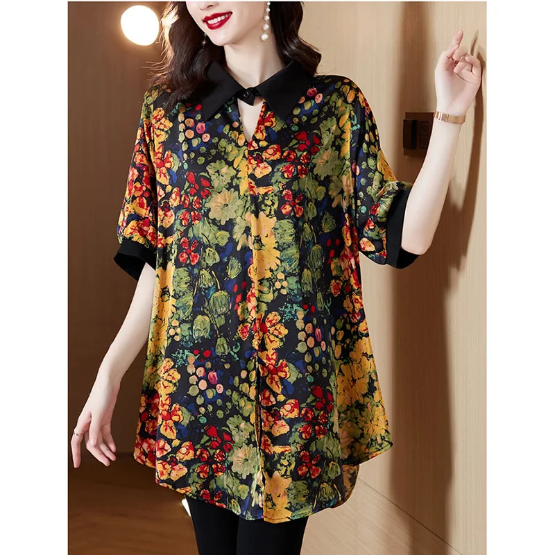 Vintage Printed Lapel All-match Loose Blouse Women Clothing 2023 Summer New Oversized Casual Pullovers Loose Office Lady Shirt