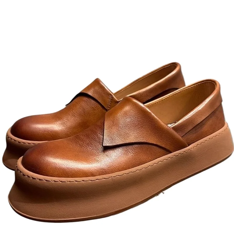 

Мужские туфли в стиле ретро из натуральной кожи, однотонные дышащие повседневные кроссовки, лоферы с круглым носком на толстой подошве, мужская обувь