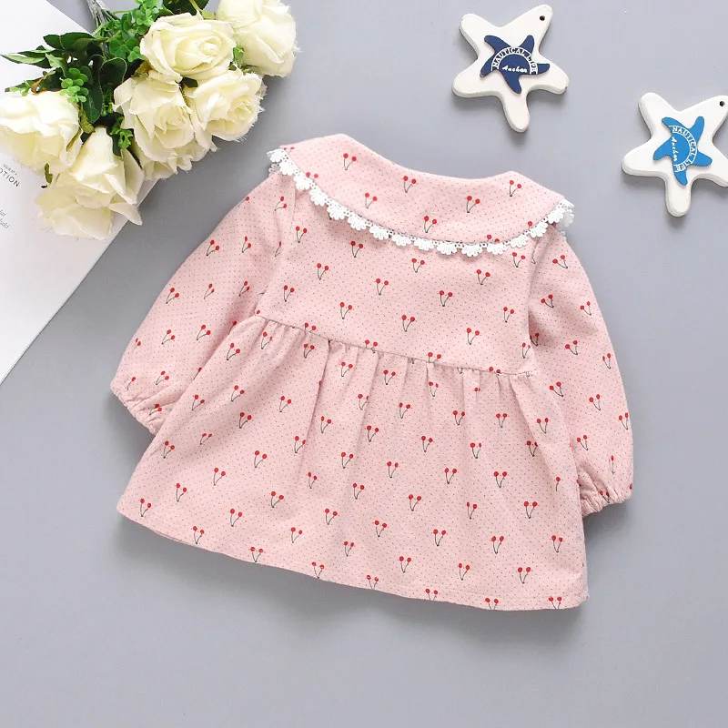 Spring and Autumn Girl Long sleeved Top Children\'s Cherry Print Lace Doll Neck Clothes Girl Bow Top