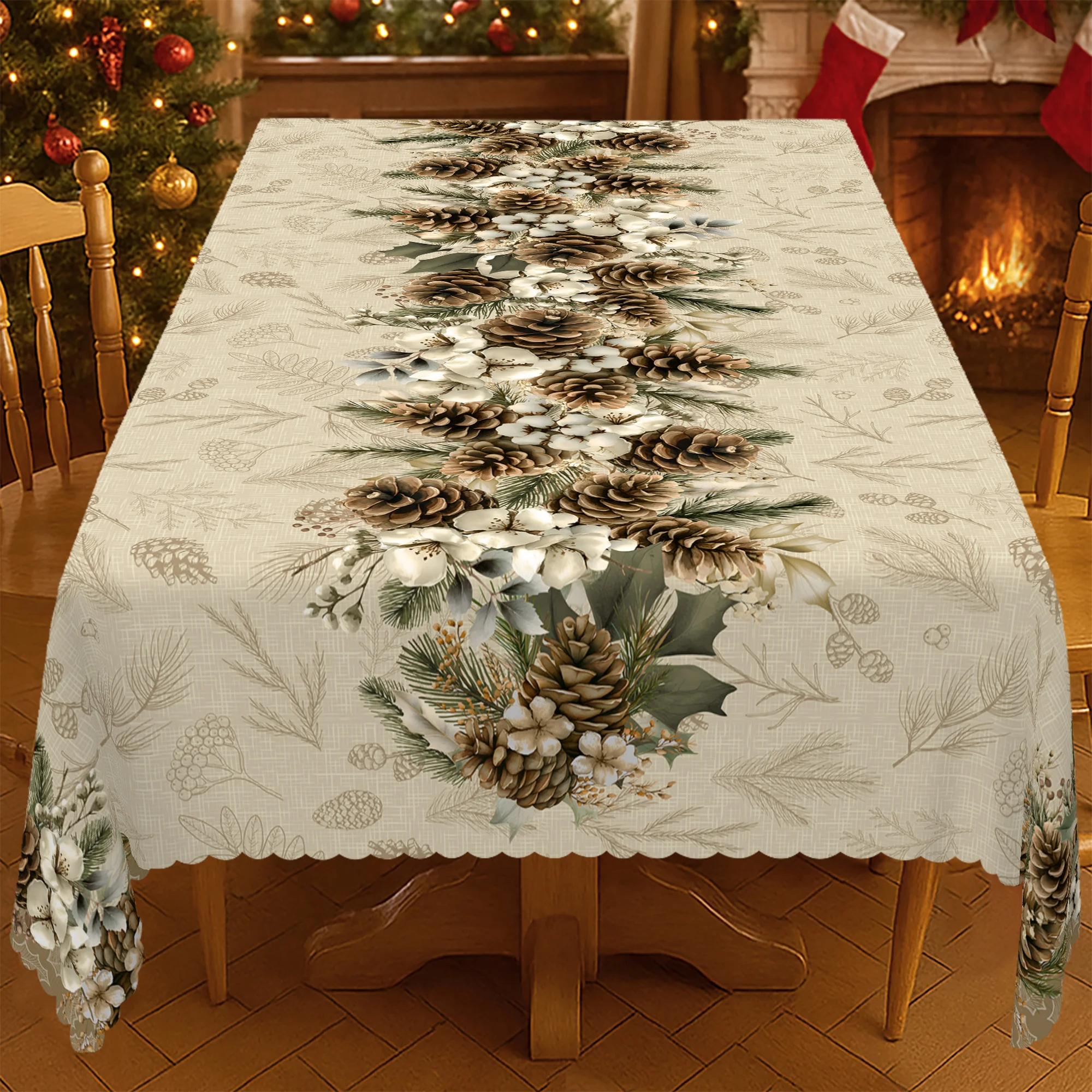 1 piece, forest pine branches and pinecones tablecloth, natural pine needles and pinecones design -