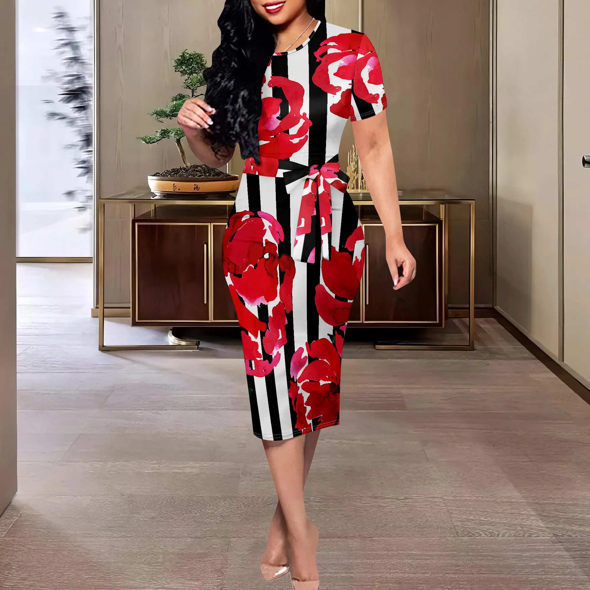 

Striped Floral Bodycon Dress S-3XL – Red Rose Print Short Sleeve Midi for Summer Party, Date Night or Brunch Look