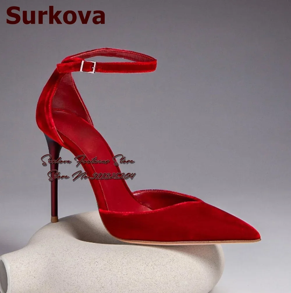 

Surkova Red Velvet V-shaped Shallow Cut Dress Pumps Ankle Buckle Strap Pointed Toe Wedding Shoes Luxury 12cm 10cm 8cm Stilettos