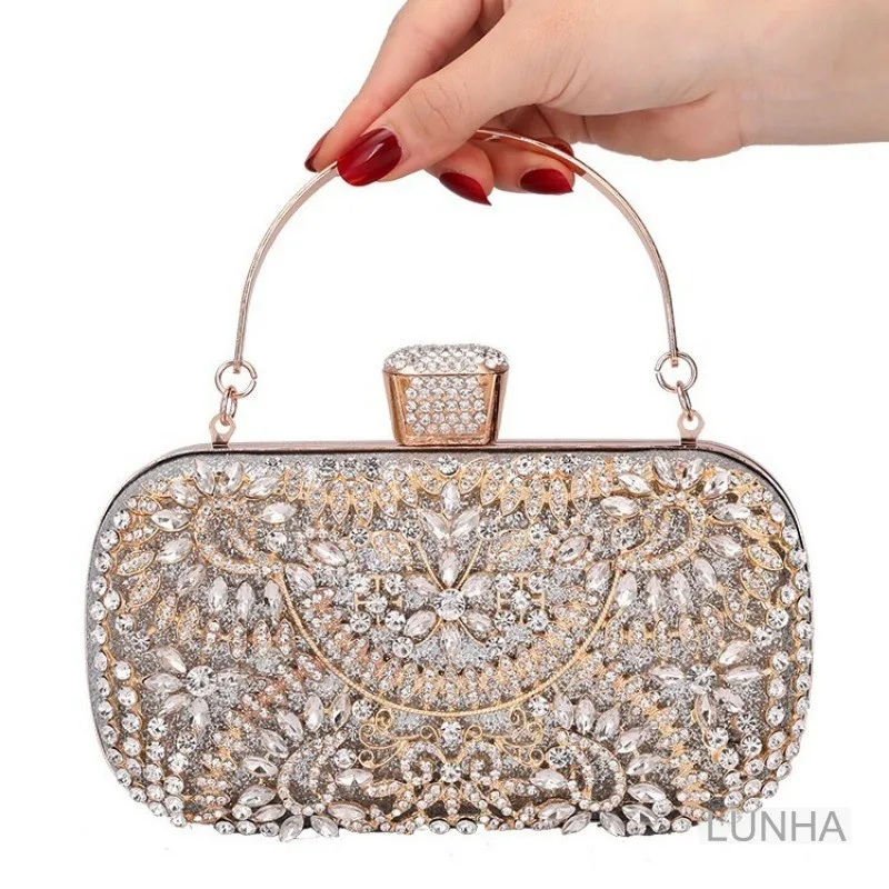 Ladies Handbags Sparkling Rhinestone Banquet Bags Alloy Flower Diamond Metal Hollow-out Clutch Bags for Parties Wedding