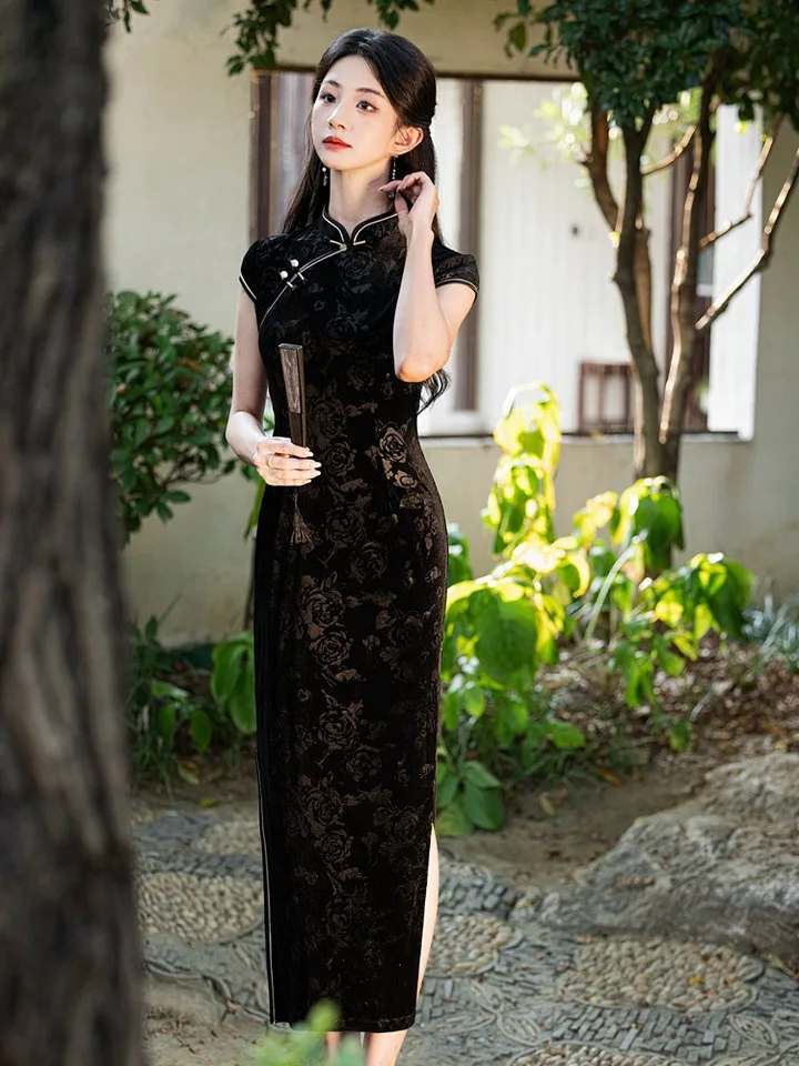 black mandarin collar dress Rihoas Polka Dot Mandarin Collar Midi Dress