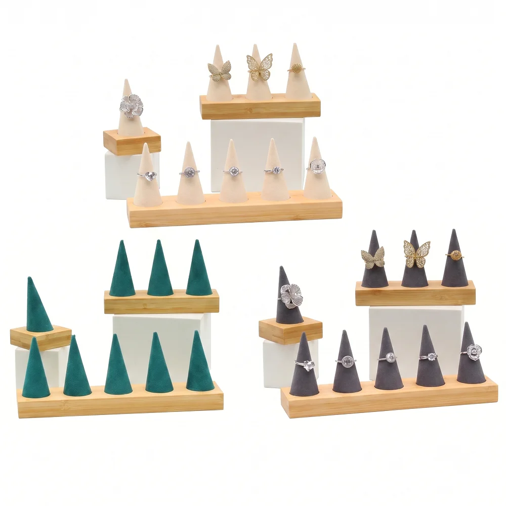 

Premium Microfiber Ring Display Cone Bamboo Base Jewelry Ring Organizer for Store Display Photography and Home Storage