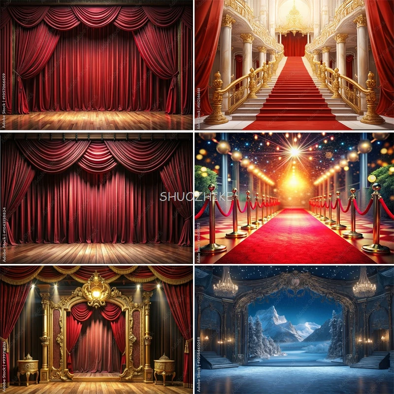 

Red Theater Curtain Stage Tent Carnival Style Photography Backdrops Vintage Circus 1920s Art Deco Spotlights Background WT-04