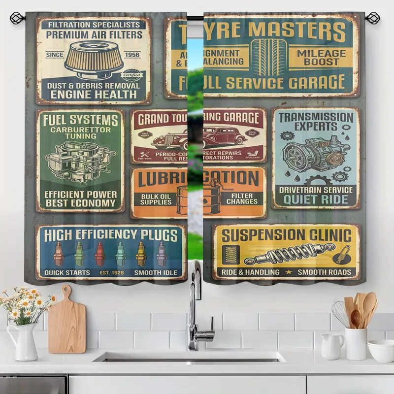 Retro Vintage Garage Shop Decor Curtain Panel Automotive Mechanic Signs Industrial Style Wall Art Filter Curtain Housewares