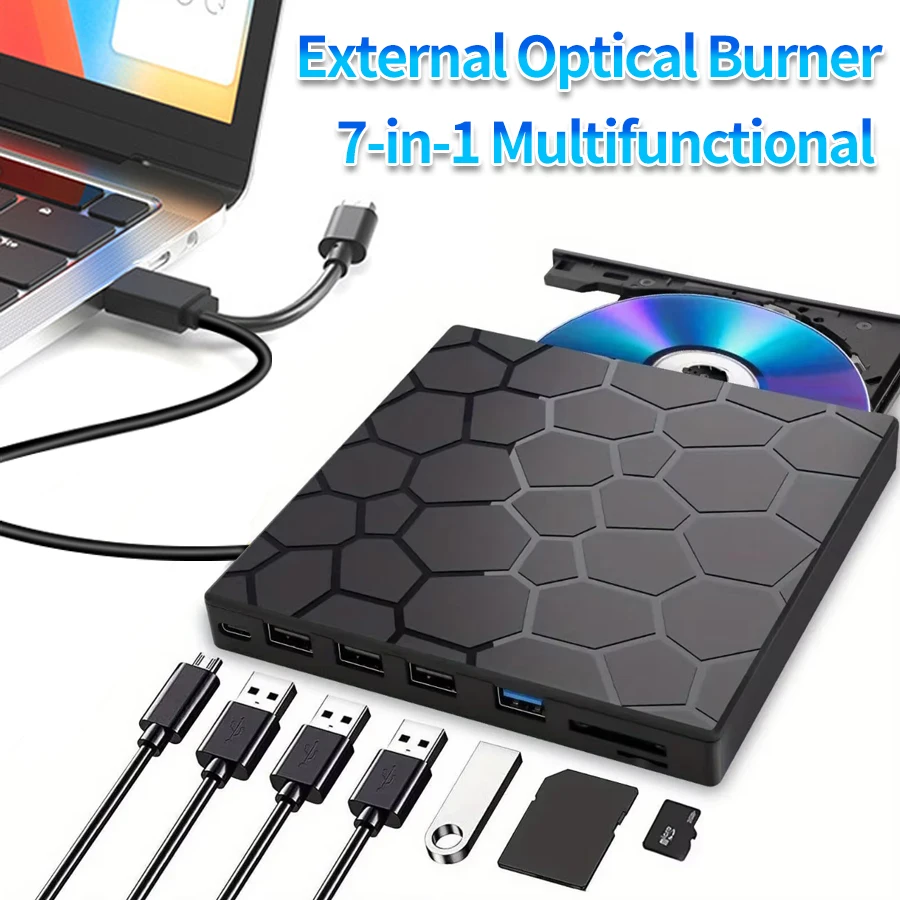 7 in 1 External CD/DVD Burner Recorder USB3.0 Type-C Portable DVD CD Player External Disk Drive for Laptop Desktop Windows Linux