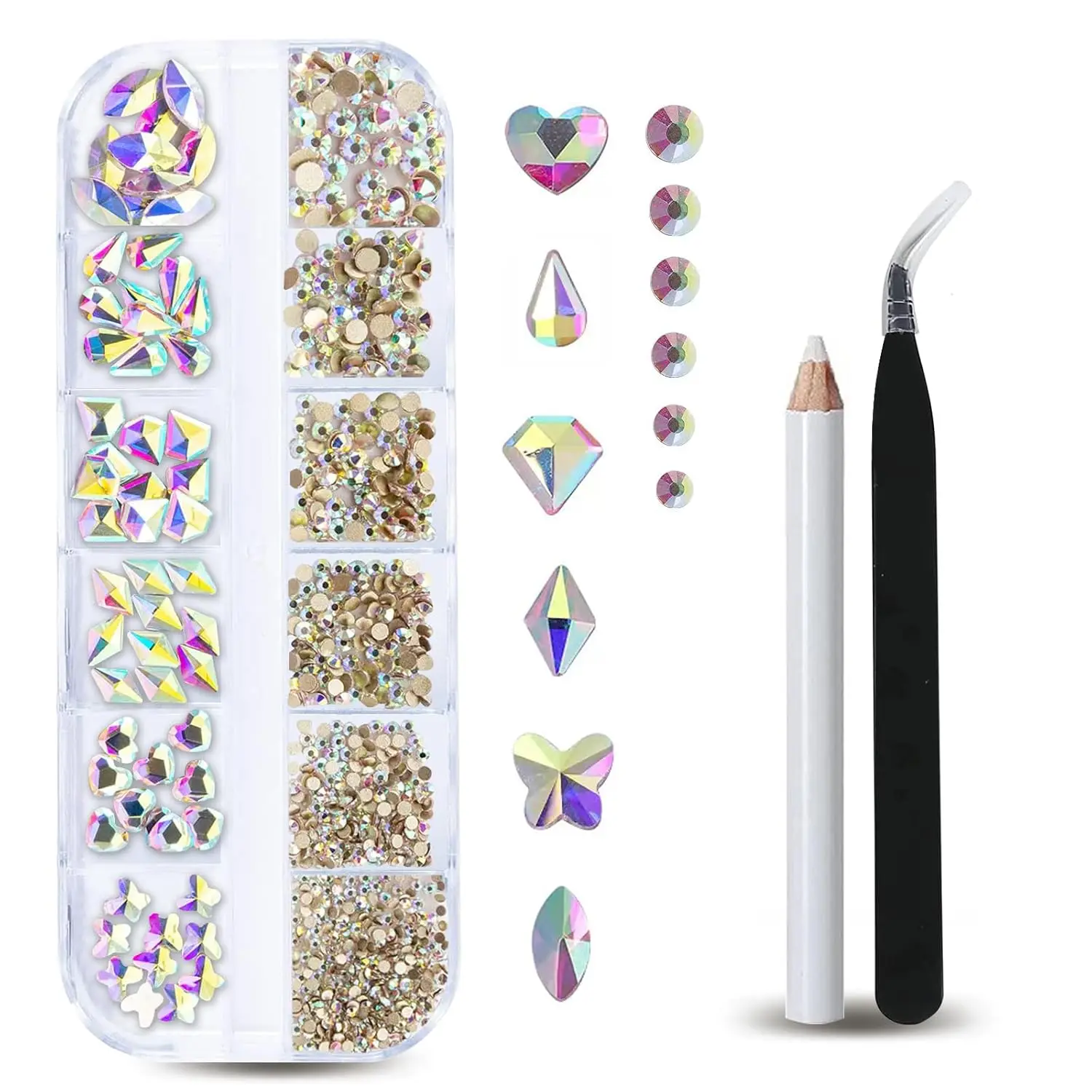 1200-1500 個混合レッド/AB ネイルアートラインストーン SS6-SS40 1.5-4 ミリメートル光沢のあるネイルクリスタルワックスペンハート/蝶幾何学ダイヤモンド
