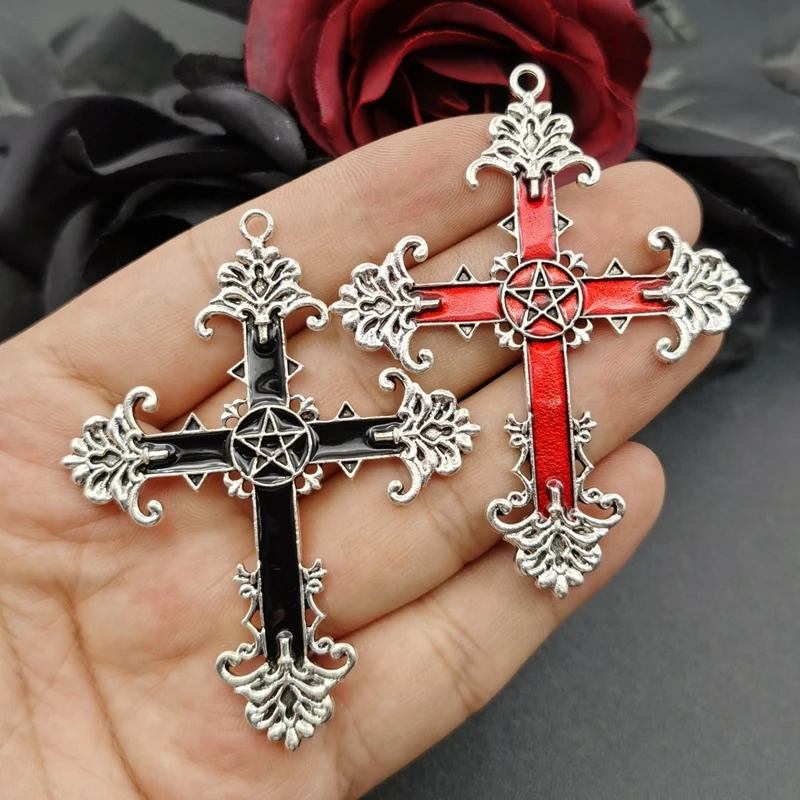 3pcs Gothic Large Cross Enamel Charms Pentagram Cross Pendants for Jewelry Making DIY Rosary Supplies Necklaces Crafts Accessory