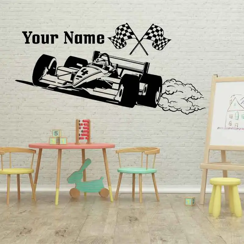 Custom Name Racing Car Wall Sticker Vinyl Wall Decals Boy Room Nursery Home Decor Personalized Kids Removable Poster Q181