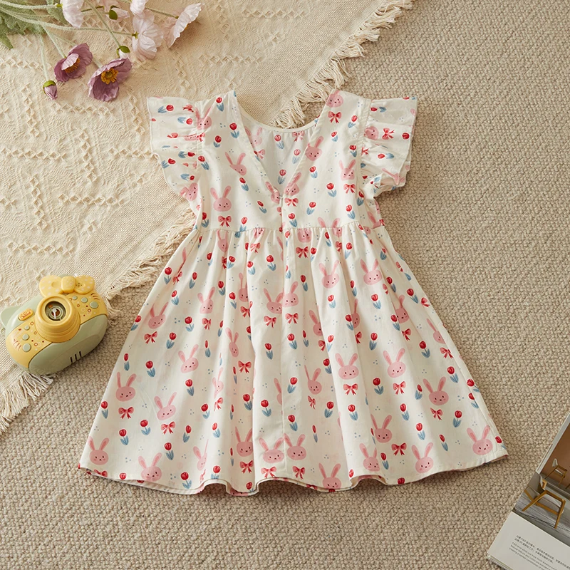 New Princess Girl Dress Cartoon Bunny Flower Print Casual Party dress Bow Toddler children\'s dress